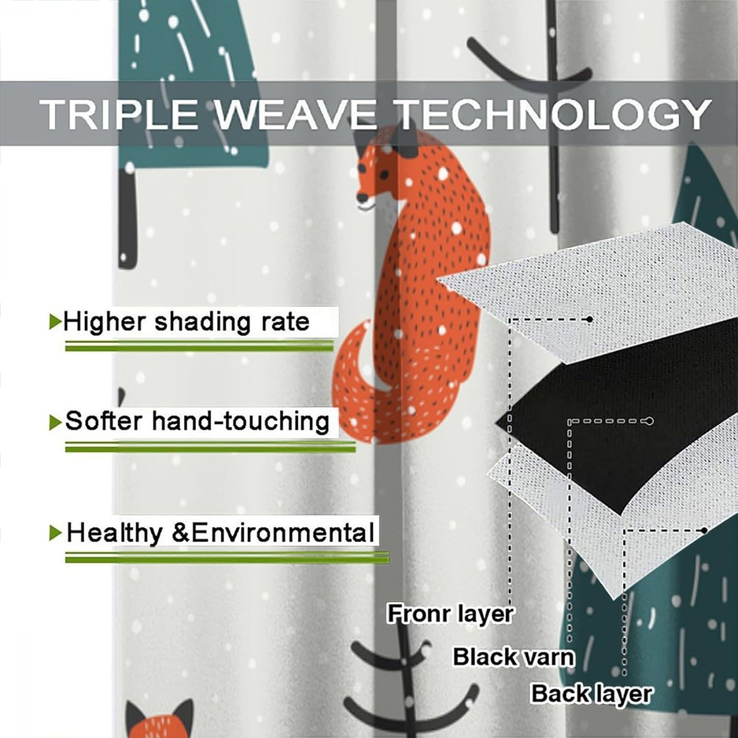 Forest Animal Blackout Curtains Cartoon Cute Orange Fox Green Abstract Tree Branches Art Print for Kids Girls Boys Bedroom Living Room Rod Pocket Decoration Window Drapes 2 Panels W21xL54in