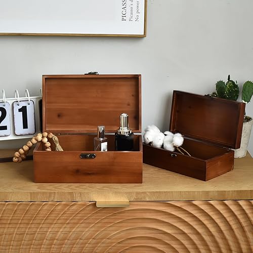 Miniatura 5 de Juego de 2 cajas de almacenamiento de madera con tapa de incrustaciones blancas, cajas de recuerdo decorativas con pestillo de metal, organizador de