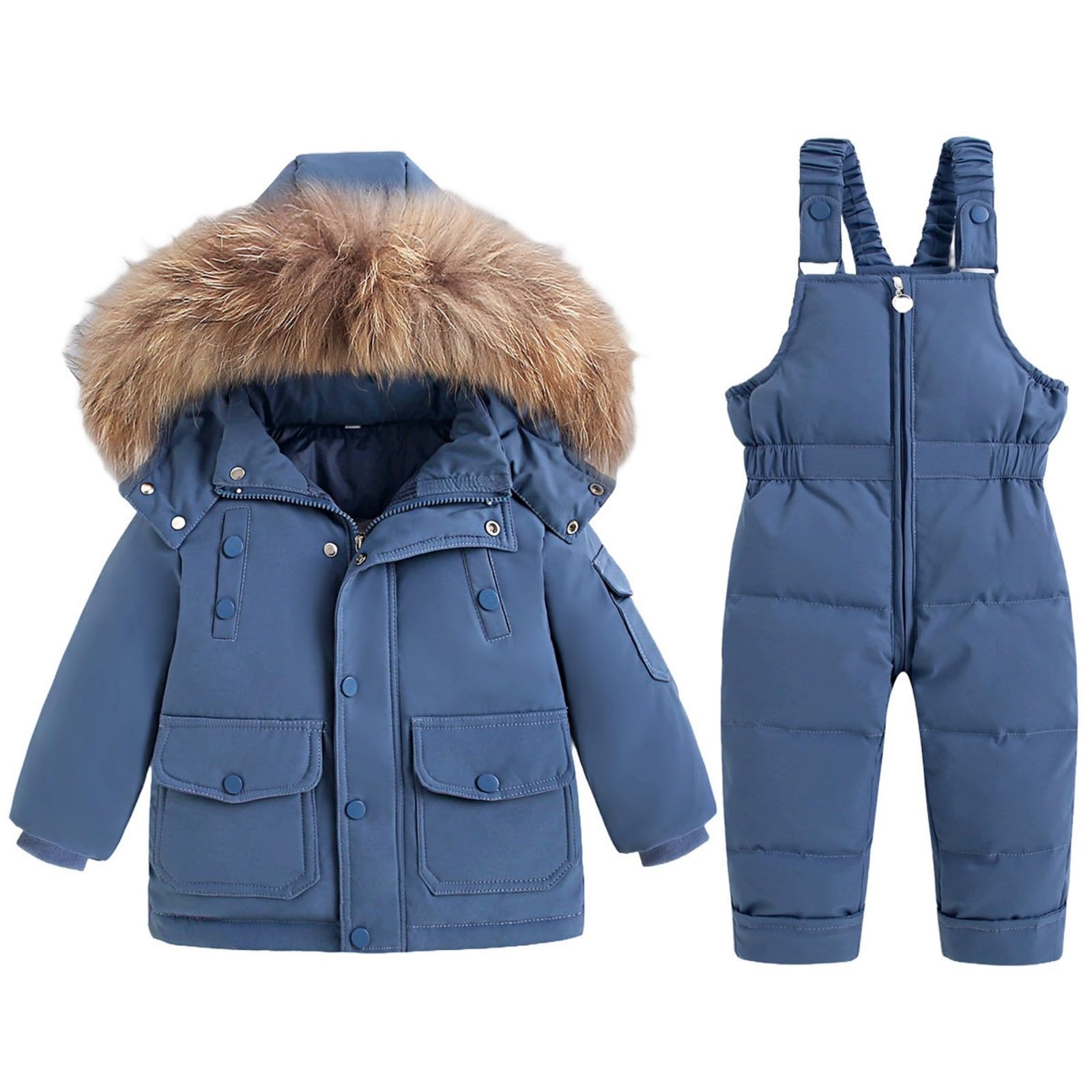 Schneeanzug Kinder Baby Süß Skianzug Daunenjacke Mit Kunstpelz Kapuze und Schneelatzhose 2tlg Verdickte Winterjacke Suit Bekleidungsset Mädchen Jungen Warme Winddichte Ski-Anzug