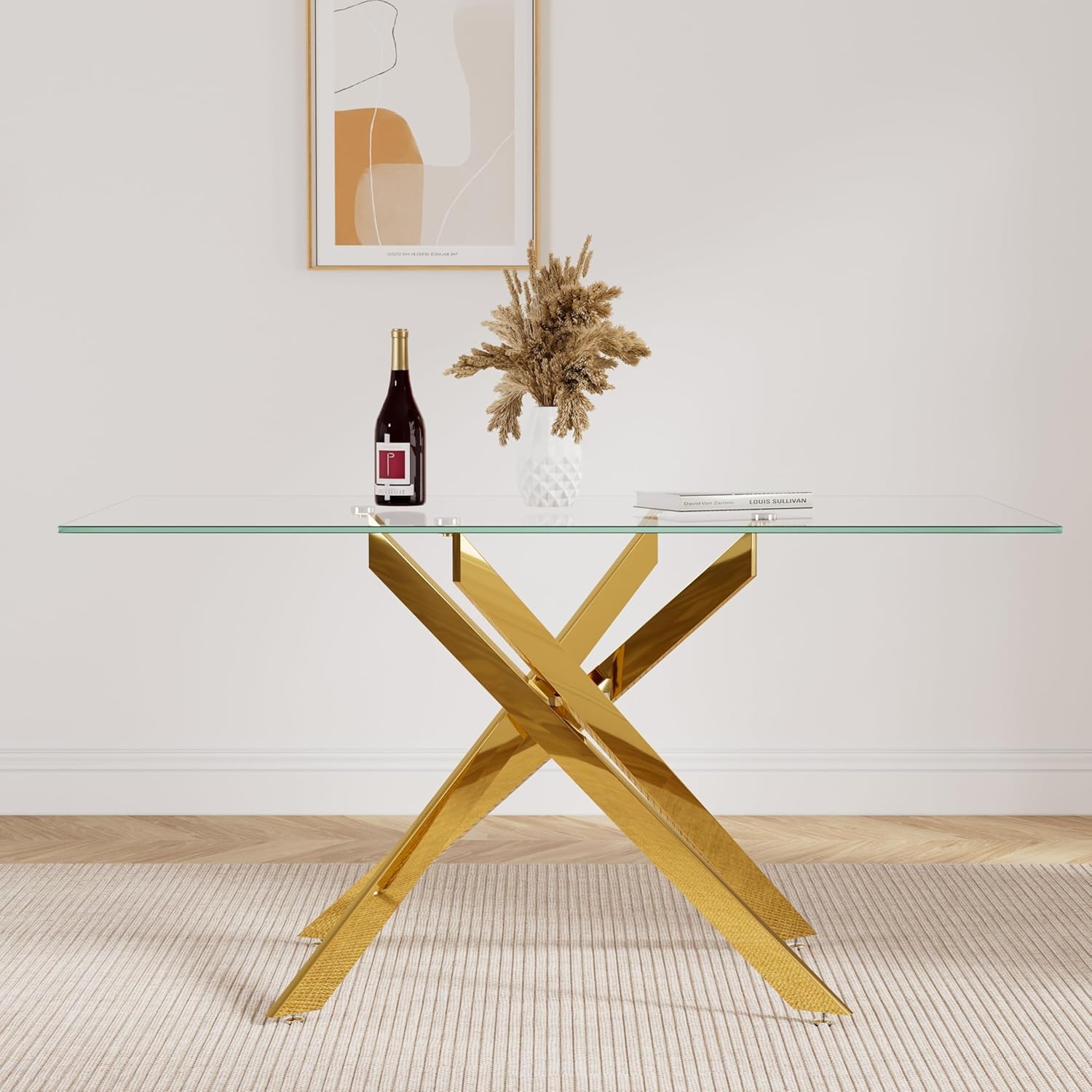 51" Glass Dining Table for 4-6, Contemporary Rectangular Dining Room Table with Tempered Glass Top & Gold Finish Metal Legs, Modern Elegant Dining Table for Home Kitchen