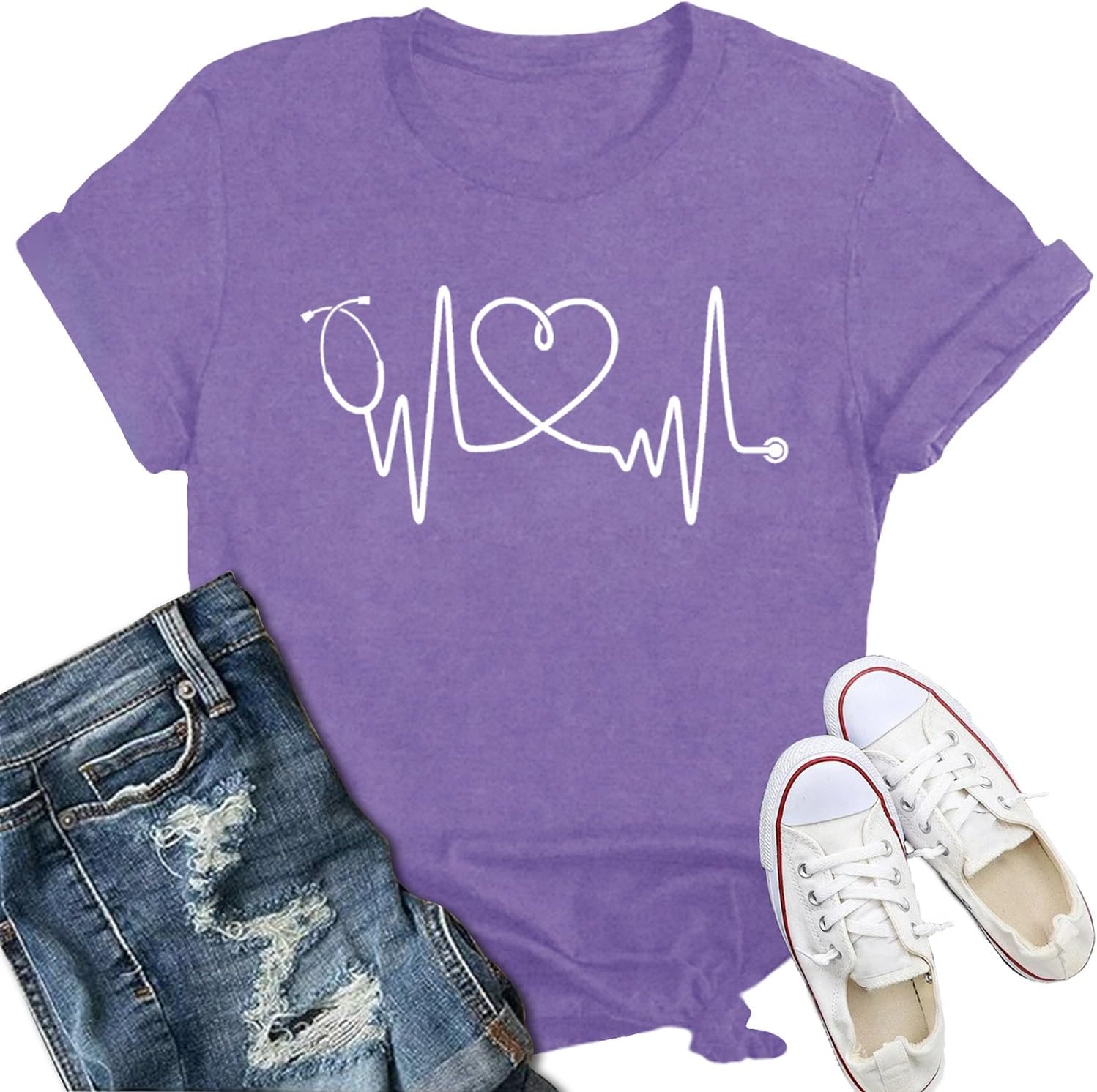 Nurse Shirts for Women Nurse Day T-Shirt Nursing Stethoscope Heart Tshirt Heartbeat Tee