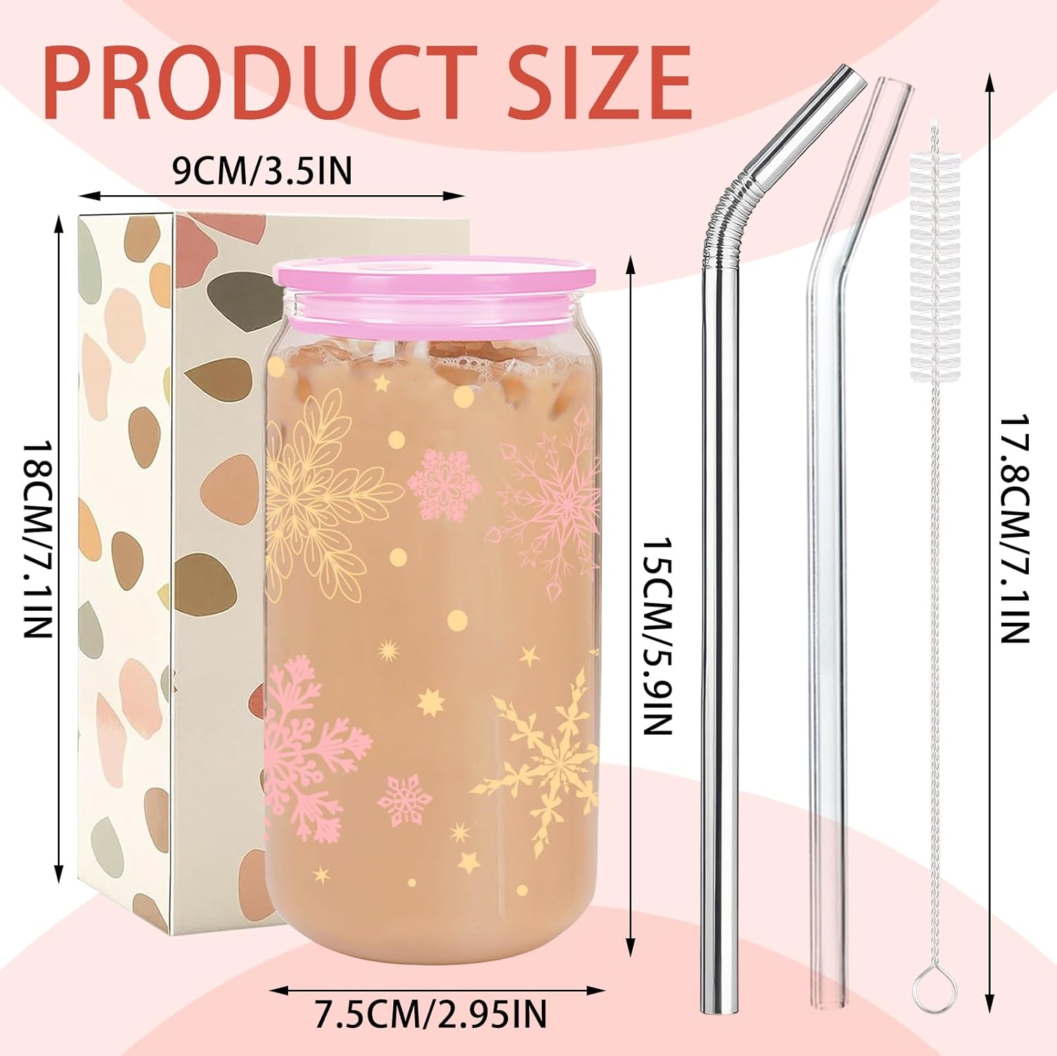 Kihraw Snowflake Glasses Cups Winter Stemless Drinking Glasses Snowflake Glass Holiday Tumbler Cups Gifts for Winter Xmas Coffee Tea Party Supplies Iced Coffee Cup with 2 Straw Cleaning Brush - Image 3