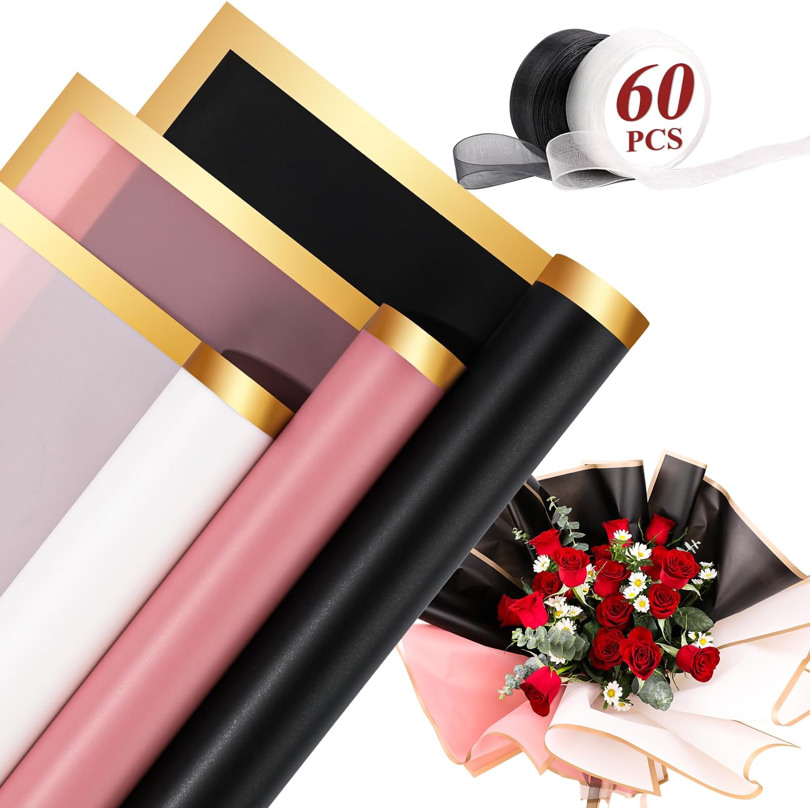 RowinsyDD 60 Sheets Flower Wrapping Paper 3 Colors, Waterproof Packaging Paper for Floral Bouquets, 22.8 x 22.8 inch Gift Packing Florist Supplies