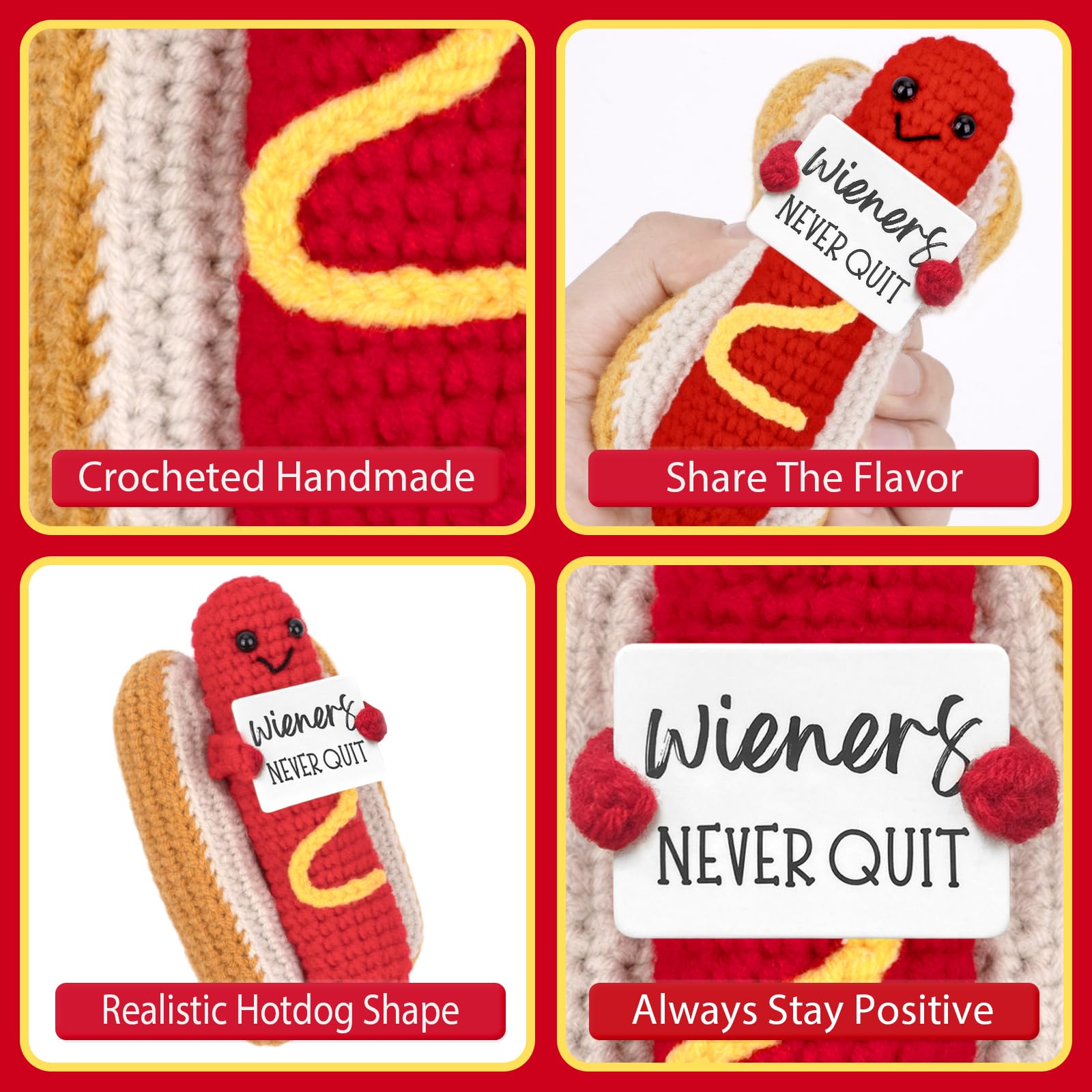 Funny Positive Coffee, Emotional Crochet Doll, Cute Crochet Potato Partner Toy with Positive Card Cheer Up Funny Gag Gifts for Best Friend Birthday Women Teacher Fall（Hotdog