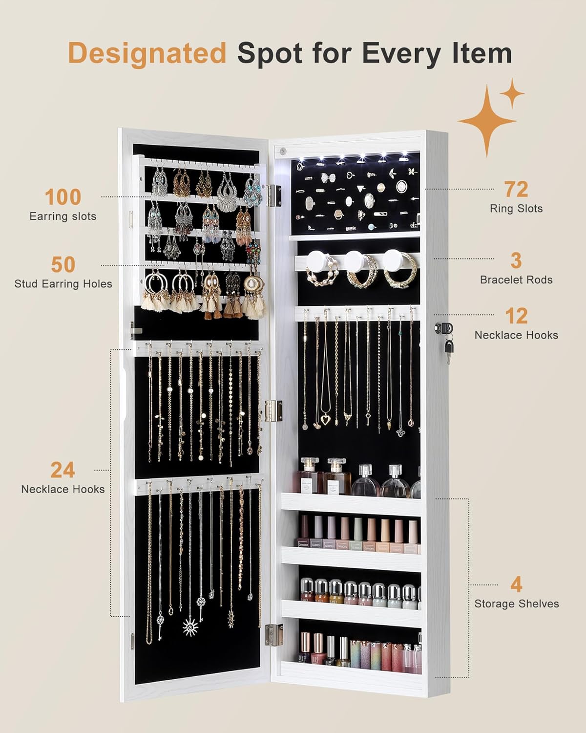 The interior of the Nicetree LED Mirror Jewelry Cabinet, fully open, displaying various compartments for earrings, rings, necklaces, bracelets, and shelves for cosmetics.