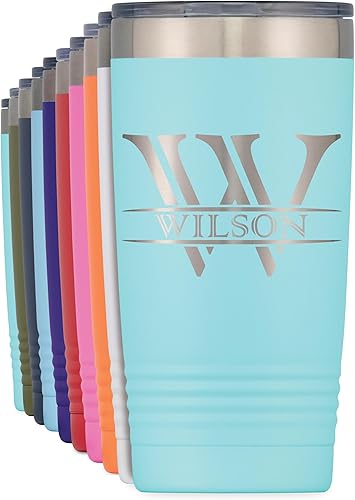 Vaso personalizado con inicial y nombre grabados, taza de acero inoxidable de 20 onzas, tapa de café de viaje aislada al vacío de doble pared,