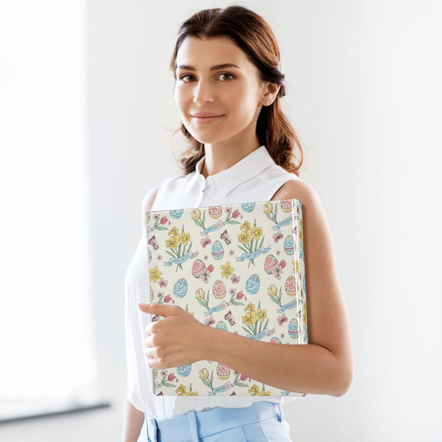 Easter Eggs and Flowers 3 Ring Binders, 1.5” Round Ring Binders with Clipboard - Letter Size, 3 Interior PVC Clear Pockets & Anti-Slip Clip for Office School Supplies, 2PCS