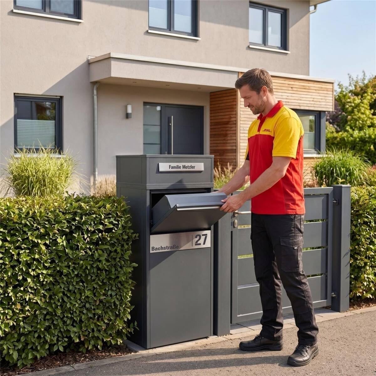 Metzler Briefkasten und Paketbox entnahme hinten, Paketbriefkasten rückseitig draussen groß XXL, Standbriefkasten personalisiert, Paketkasten, Postbox in RAL7016 Anthrazitgrau mit Namensgravur, ZIVO2
