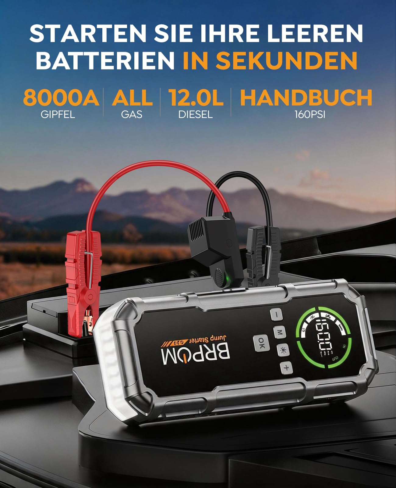 BRPOM Starthilfe Powerbank 8000A, Auto Starthilfe mit Kompressor 160PSI, 26800mAh Batteriestarter für alle Benzinmotoren und bis 12,0L Dieselmotoren, LED-Licht und Powerbank