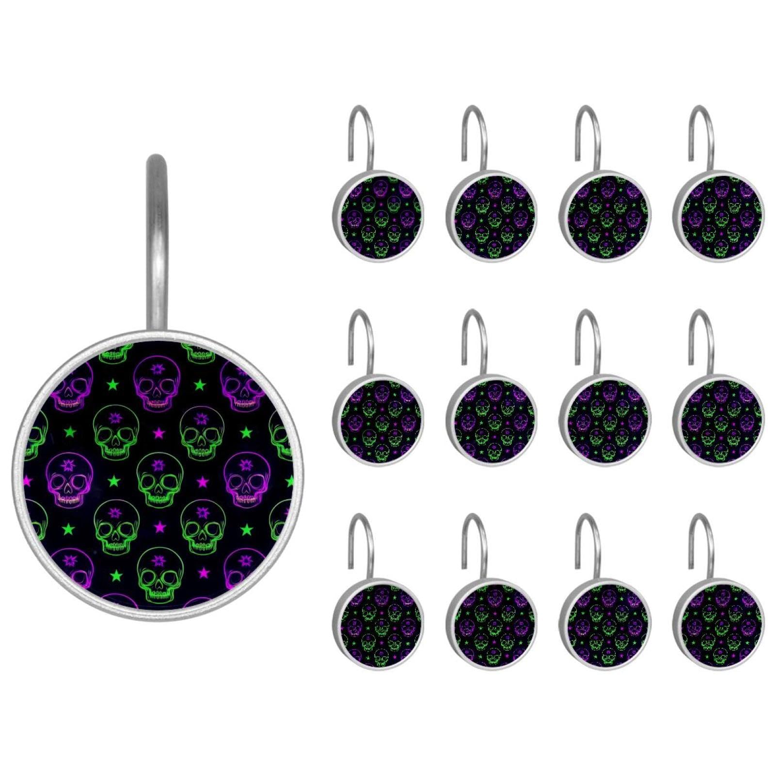 12pcs Glass Shower Curtain Hooks, Rust Resistant Decorative Shower Rings for Bathroom Living Room,Stainless Steel Hooks for Shower Curtain and Liner Rods (Purple Green Neon Skulls)