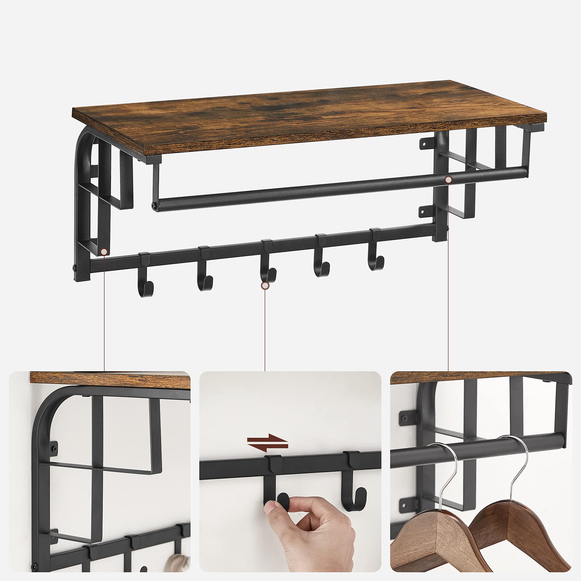 VASAGLE HSR40MG Garderobe, schoenenrek met zitvlak, kledingrek met 9 afneembare haken, zitbank, 2 roosterplanken, 183 cm hoog, industrieel design, Groot-grijs