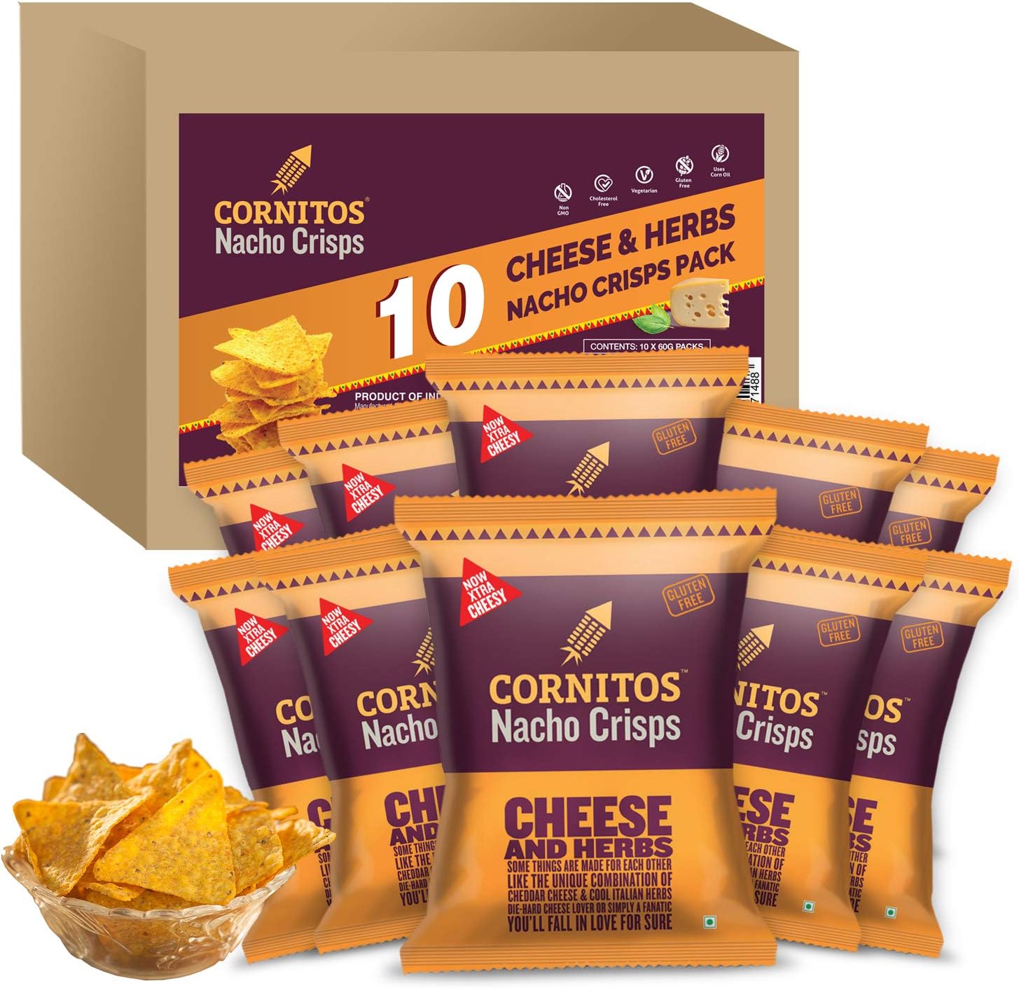 Cornitos Cheese and Herbs Nacho Crisps 55 Grams, Pack of 10, x 55 Grams