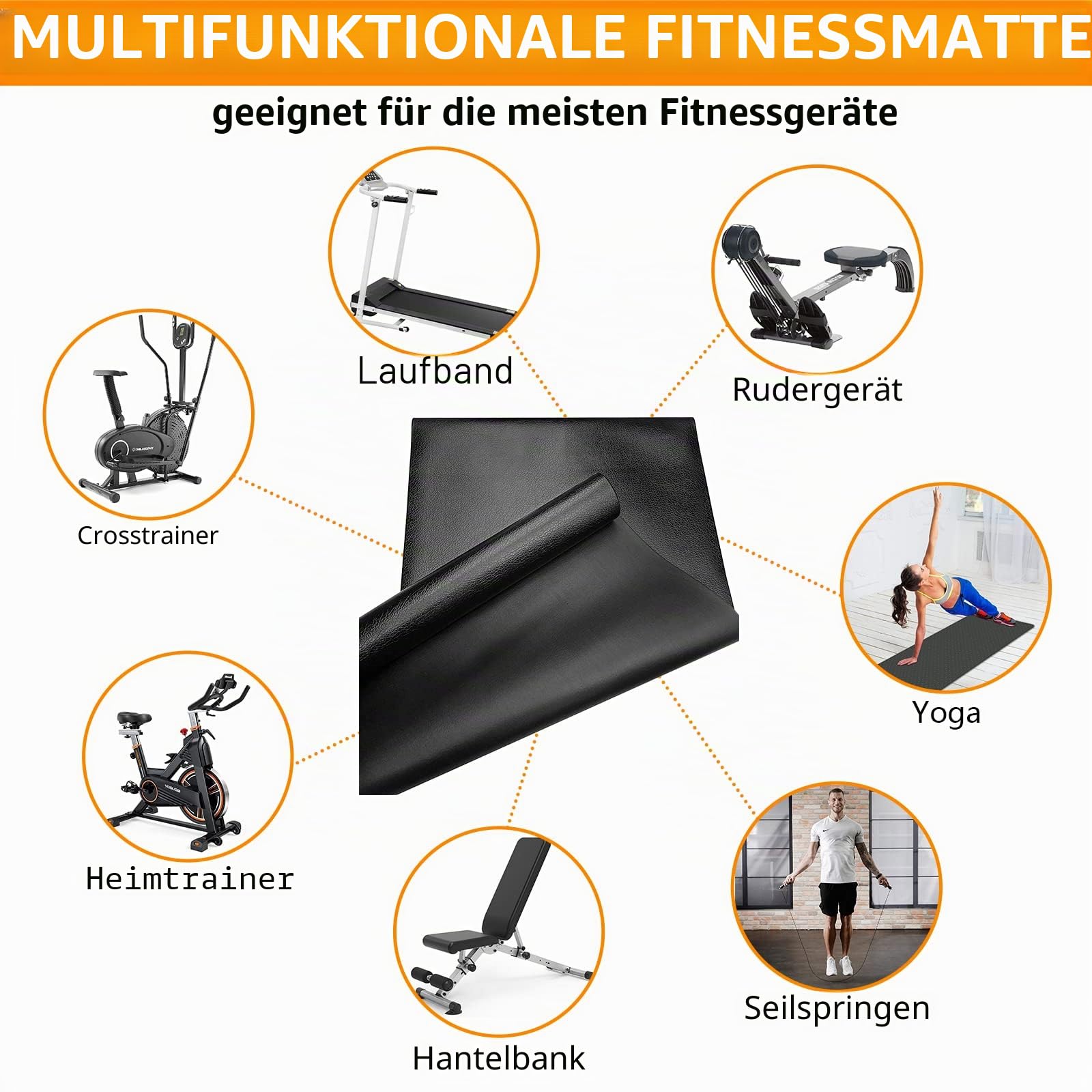 Bodenschutzmatte für Fitnessgeräte, Wiederstandsfähige Laufband Matte, 6mm rutschfeste Unterlegmatte Fitnessgerät für Heimtrainer, Crosstrainer, Rudergerät, Multifunktionsmatte Schutzmatte in Schwarz