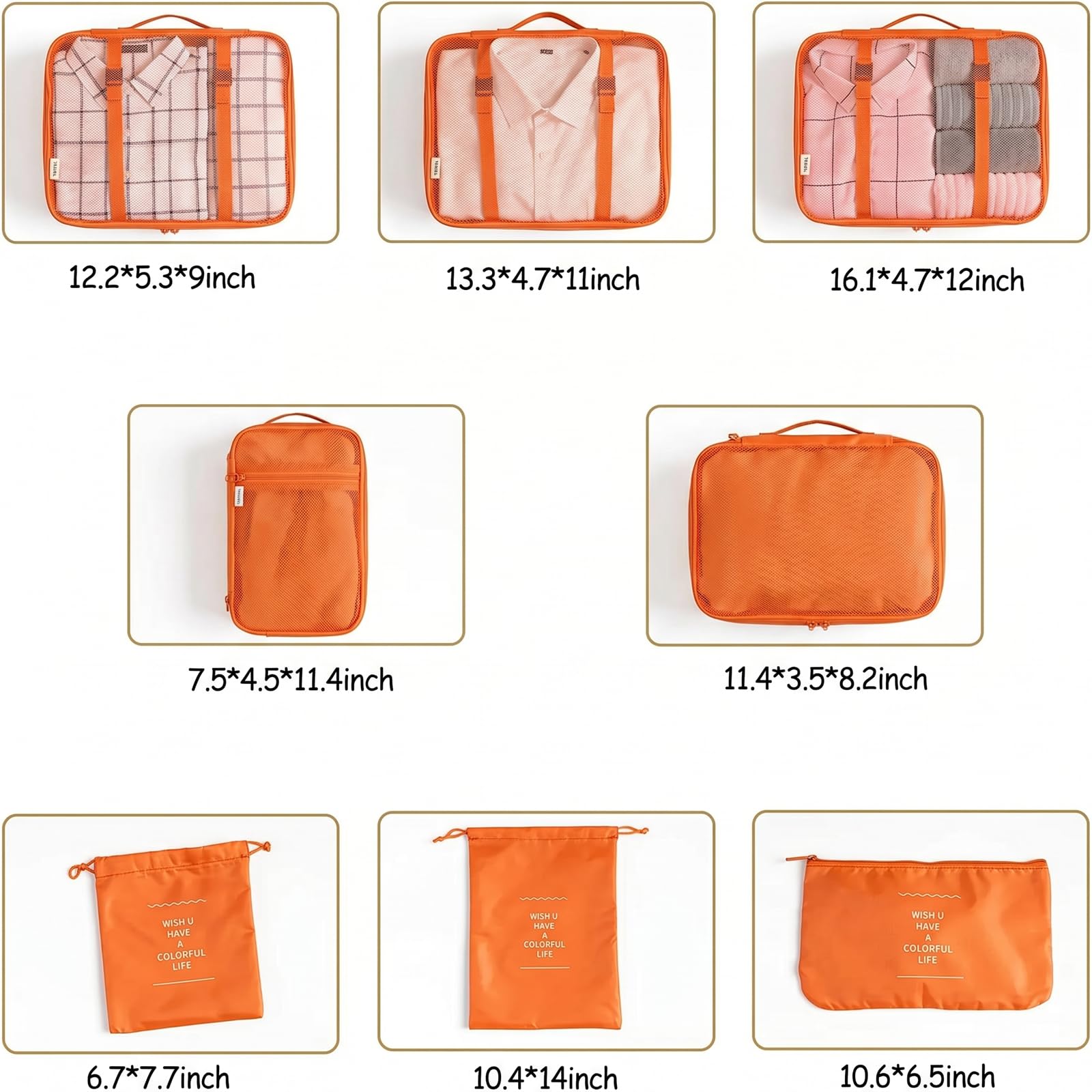 LANSKLBD 6/8 Set Packing Cubes for Suitcases Travel Luggage Packing Organizers,Travel Accessories Essentials Luggage Organizer with Shoe/Tioletry/Laundry Bag (Orange, 8 set) view 7