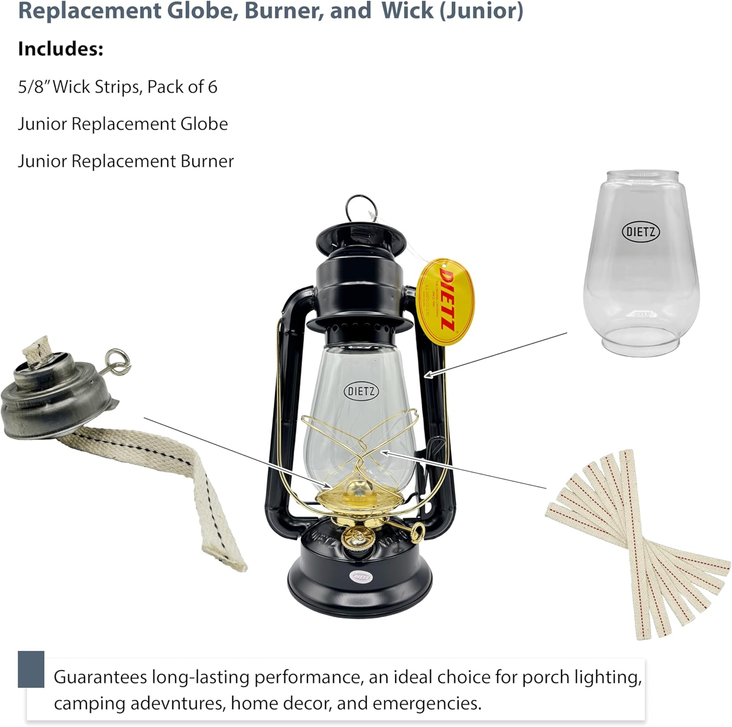 Light of Mine - Dietz #20 Junior Oil Lantern Replacement Kit Including Replacement Globe, Burner, and 100% Cotton 5/8" Wick Strips