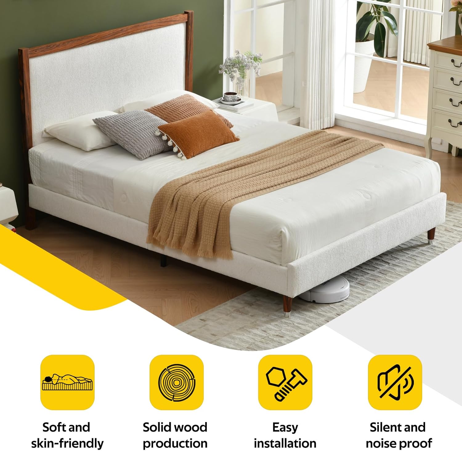 YUHUASHI Queen Upholstered Platform Bed Frame with Solid Wood Trim Headboard, Linen Fabric Upholstery, Sturdy Slat Support No Box Spring Needed, Easy Assembly (Cream, Queen (U.S. Standard))