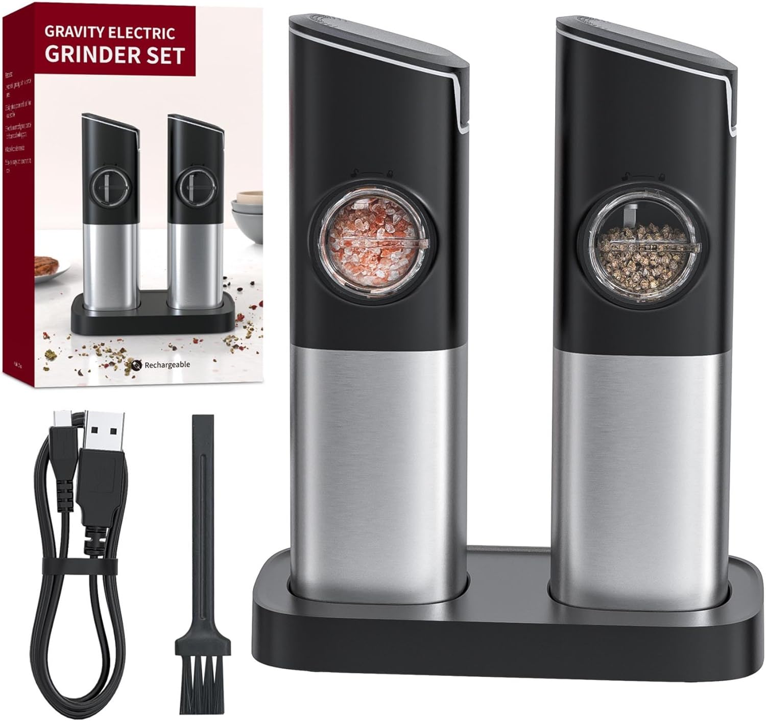 Electric Salt and Pepper Grinder Set, Gravity Automatic Salt and Pepper Mill, Refillable Pepper Mill Set with LED Light & Adjustable Coarseness, Ideal for Kitchen, Cooking,Silver b