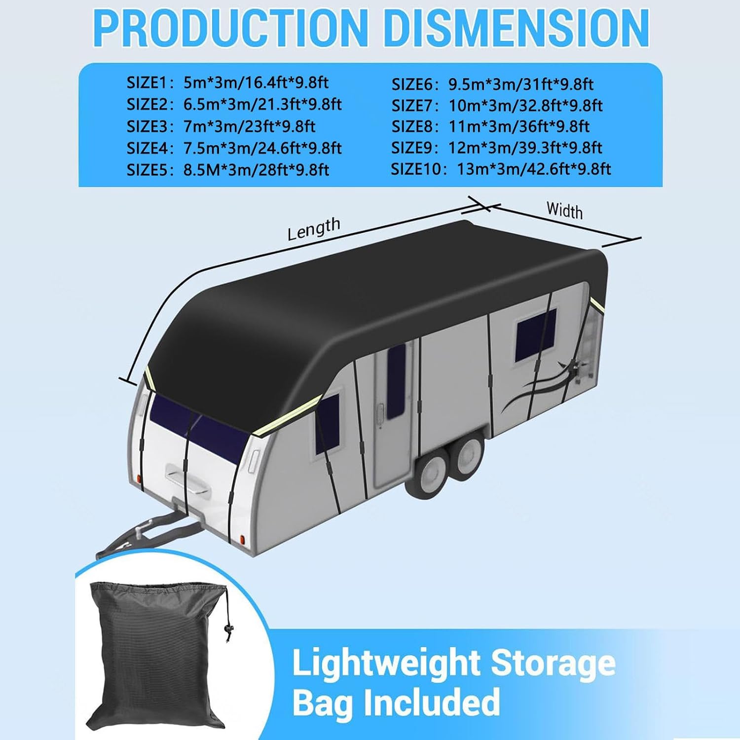 Travel Trailer Cover 210D Oxford Cloth Class C Rv Cover Foldable Storage, Easy to Clean Camp Trailer Accessories Truck Camper Cover,Grey-9.5m×3m