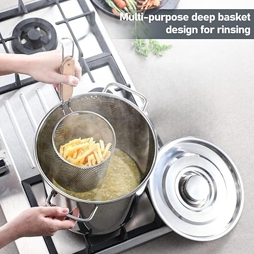 Miniatura 3 de Cesta coladora de pasta, paquete de 2 coladores de alimentos de acero inoxidable con mango de madera, cuchara de espagueti, colador de malla fina