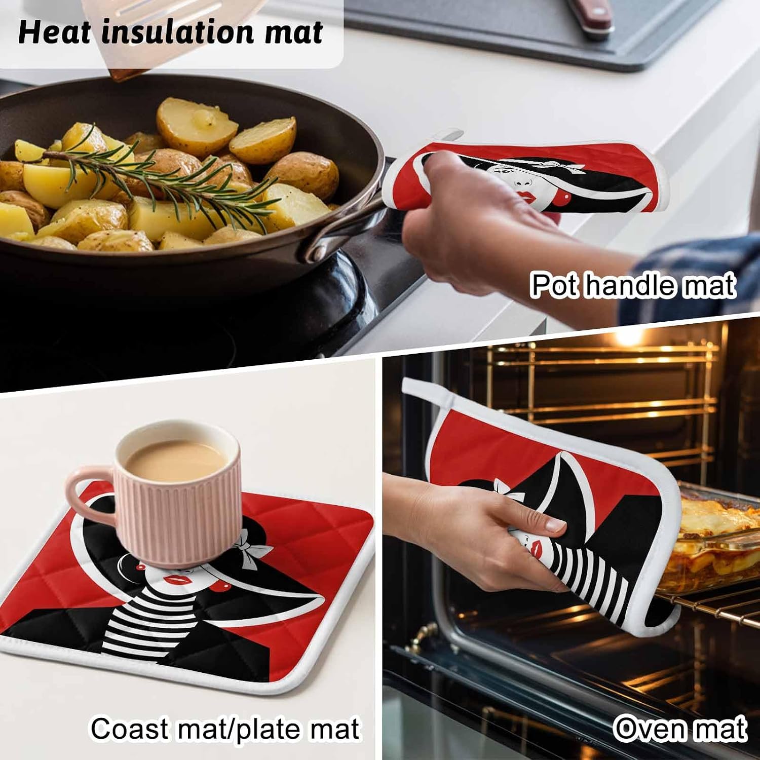 5 Pack Pot Holders Heat Insulation Hot Pads,Fashion Girl Wearing Black Hat Washable Oven Pot Holder Set for Kitchen Black White Red Potholders for Baking Cooking Dining Table