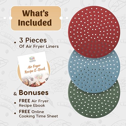 Miniatura 2 de Linda's Essentials - Forros de silicona reutilizables para freidora de aire (paquete de 3)  Forros antiadherentes fáciles de limpiar alfombrillas