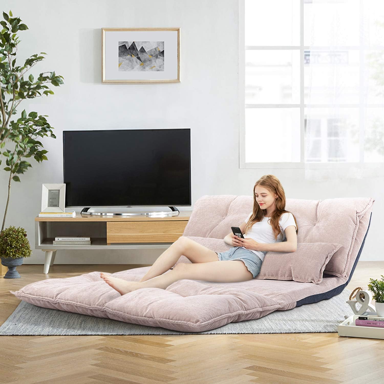 Floor Sofa Bed, Floor Folding Sofa Bed, Black Leather Floor Sofa, Adjustable Floor Couch and Sofa with 2 Pillows for Reading, Gaming, Sleeper