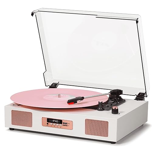Vinyl Record Player Vintage Wireless Bluetooth Record Player with Stereo Speakers, USB/TF Card Recording, LP Player with 3 Speed Belt Drive Turntable Support RCA Line-Out AUX Input EQ,White& Rose Gold - White & Rose Gold