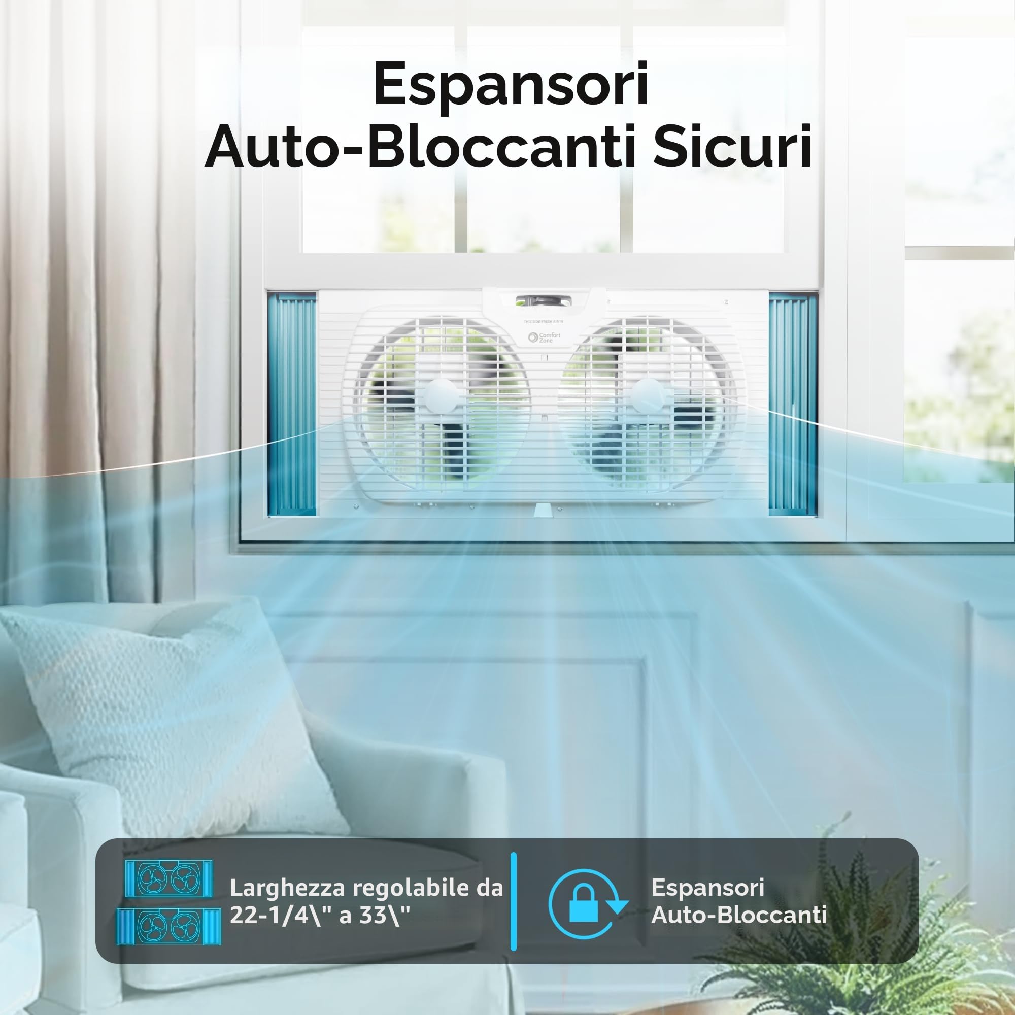 Comfort Zone CZ319WT2 - Ventilatore a doppia finestra, 22,9 cm, con controllo del flusso d'aria reversibile, estensioni di blocco automatiche e interruttore ventola a 3 marce, regolazione silenziosa