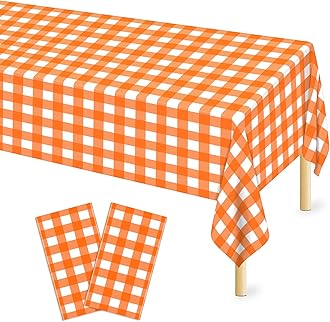 Mulbozy Orange Gingham Tablecloth 2 Pack, 54 x 108 Inch Plastic Table Cloth Disposable, Orange and White Checkered Table Cover for Party Supplies