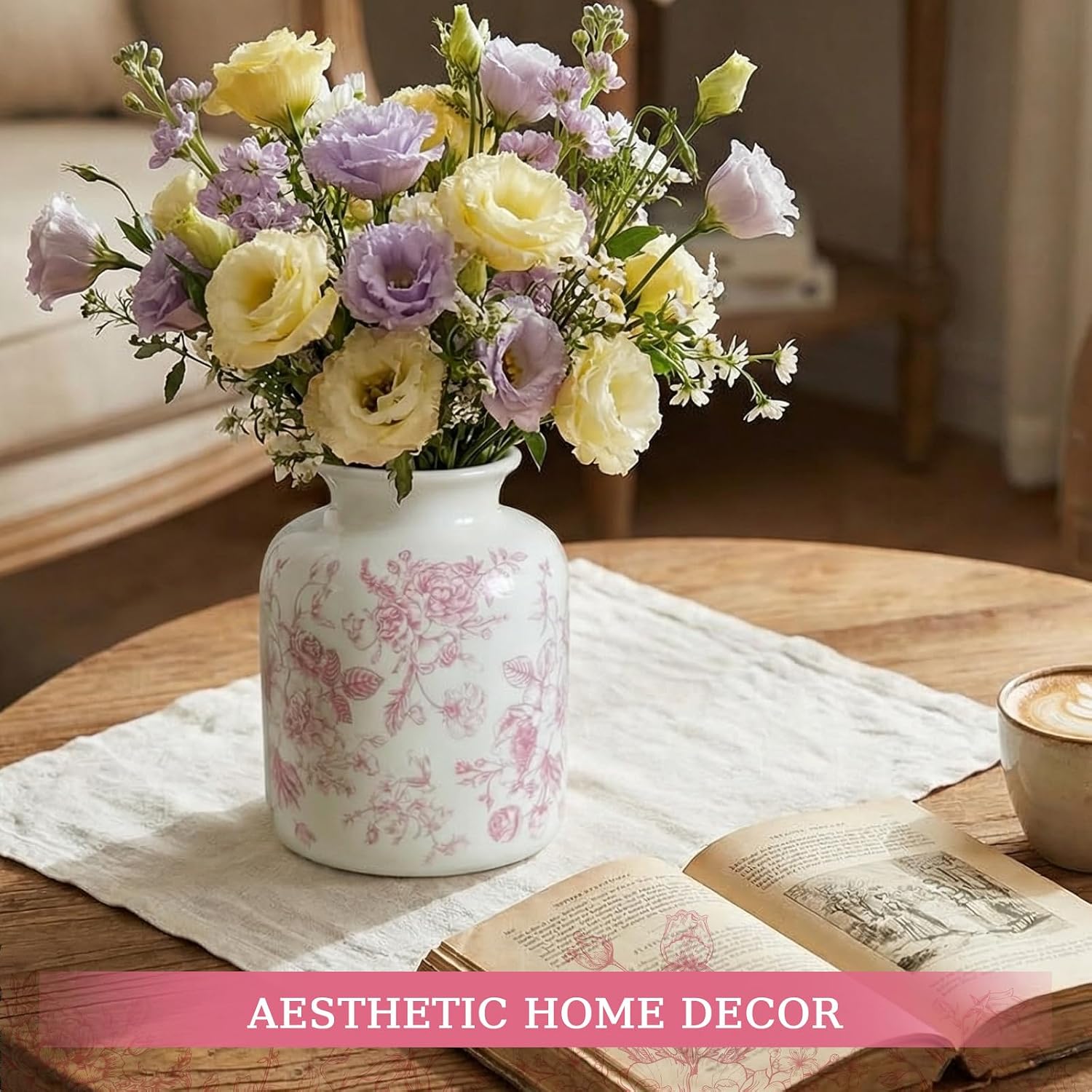 Pink Vintage Floral Vase Retro Rustic Chinoiserie Floral Vase Ice Cracked Ceramic Large Holder for Home Decor Bookshelf Office Living Room Chinoiserie Decors