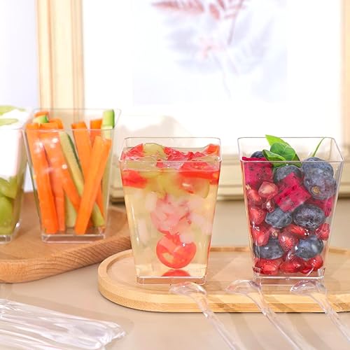 Miniatura 6 de Moretoes Paquete de 120 tazas de postre de plástico de 5 onzas con cucharas, juegos de tazas cuadradas de aperitivo para pudín de frutas y helado en