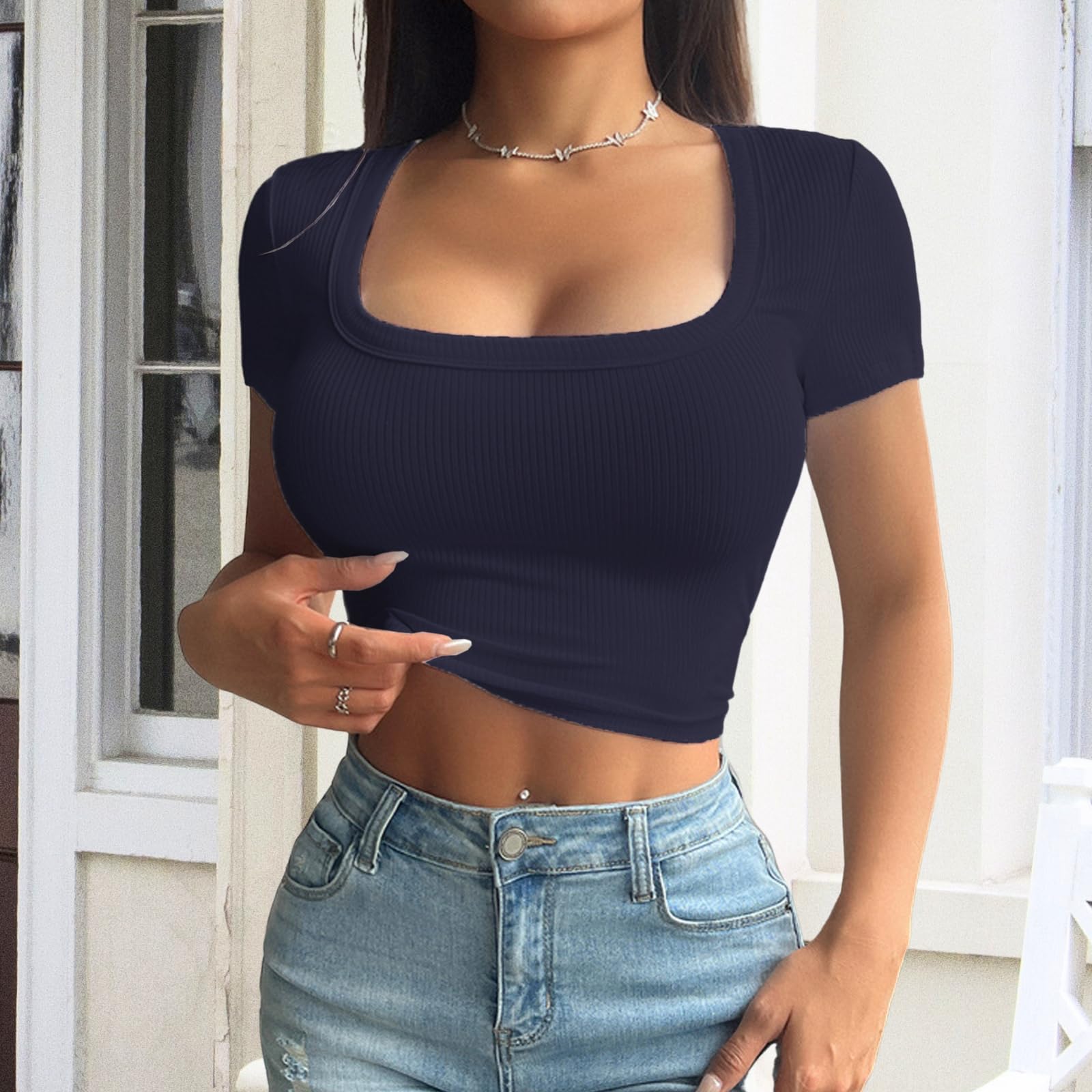 crazy bean Magliette Donna Manica Corta t Shirt Slim Fit Top Corto Maglietta di Base con Scollo a U Y2K Sexy Casual Estive