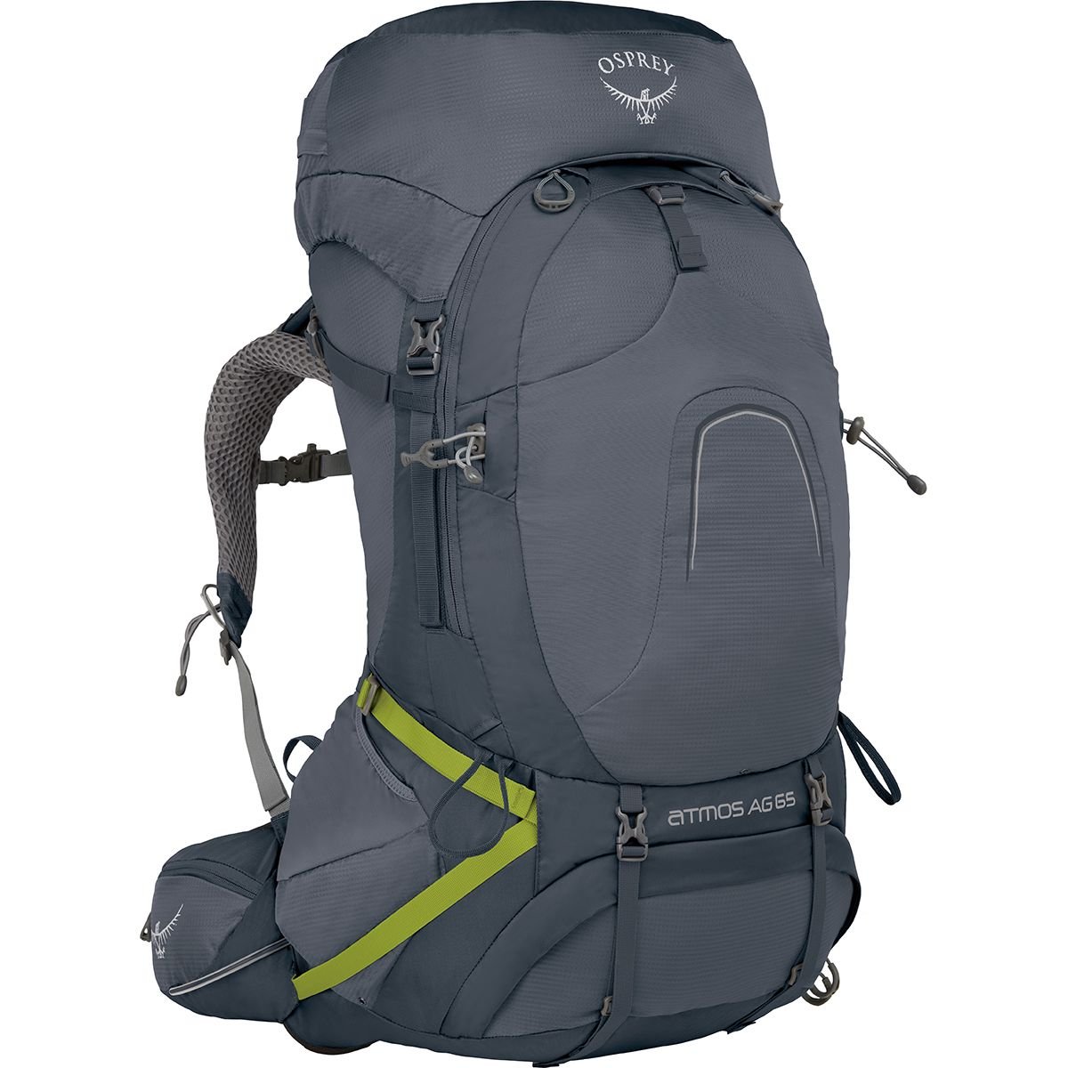Osprey Atmos AG 65 Backpack showing the Anti-Gravity suspension system, shoulder straps, hipbelt, and top lid.