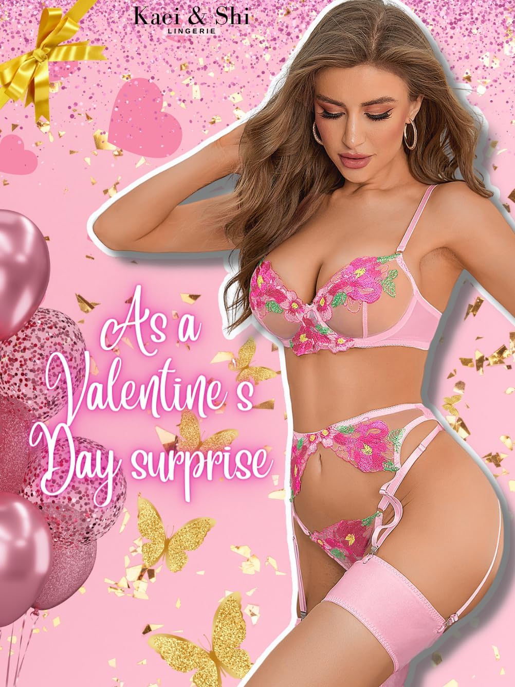 Kaei&Shi Floral Embroidered Garter Belt Set,Sheer Lingerie Sets for Women Sexy,Wedding Night Valentines Boudoir Outfits - Image 4