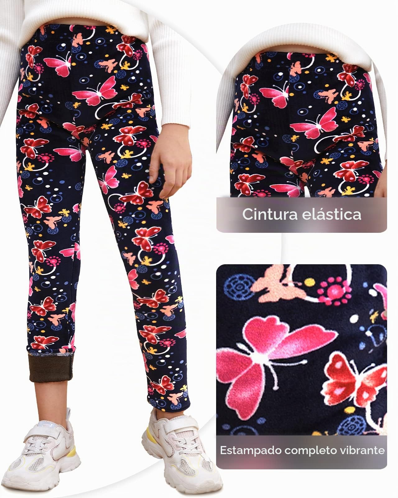 Adorel Leggins Forro Polar Termicos para Niña Pack de 2 Estampado de Lazo y Mariposa 6-7 Años (Tamaño del Fabricante 130)