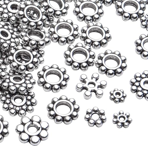 Miniatura 4 de Cuentas espaciadoras de copo de nieve, 400 cuentas espaciadoras de copo de nieve de plata tibetana, cuentas espaciadoras de margaritas surtidas,