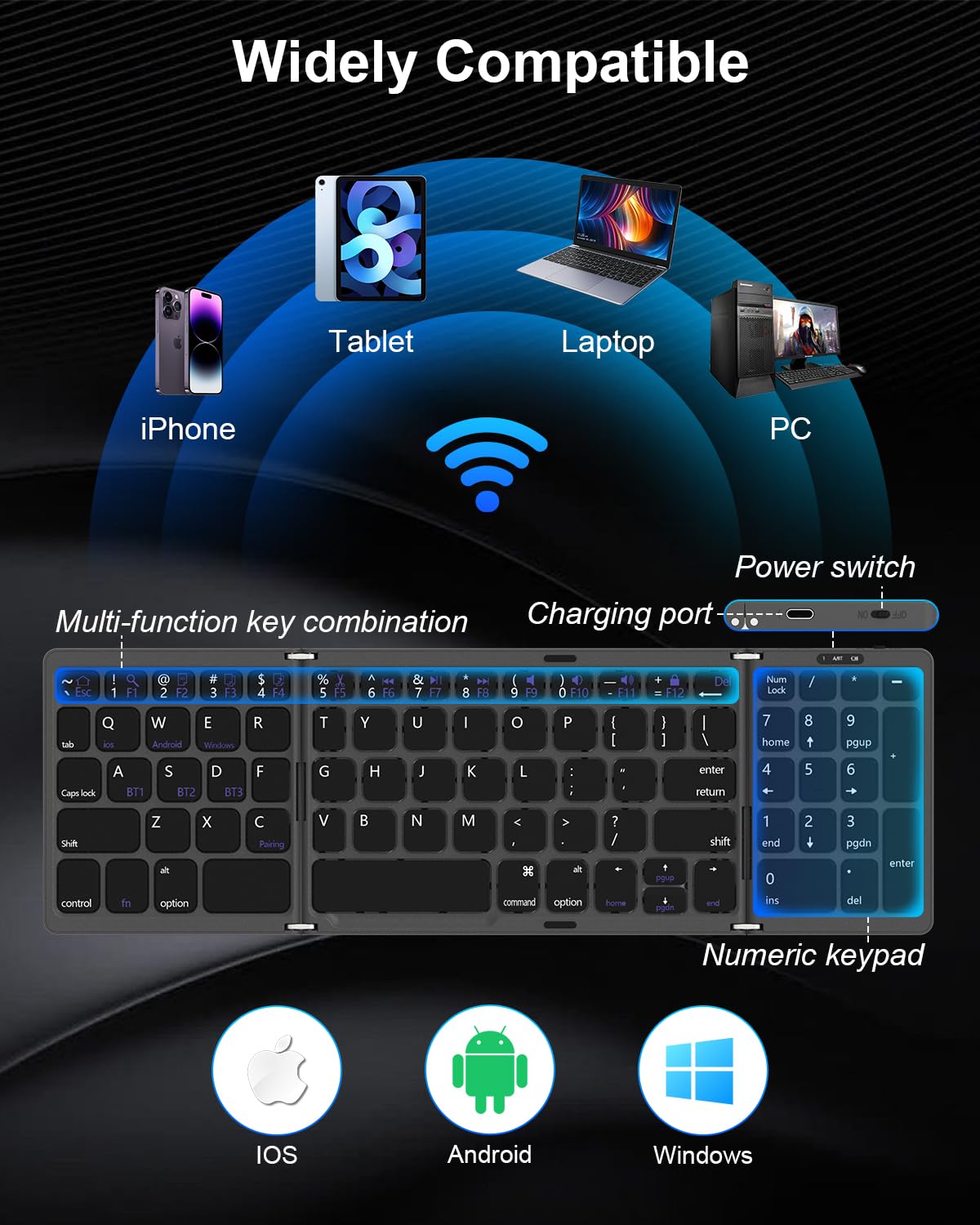 Teclado Plegable Inalámbrico Goshyda - Bluetooth 3.0, Compacto, Silencioso, 120mAh Batería, Para Tablet, Portátil Y Móvil