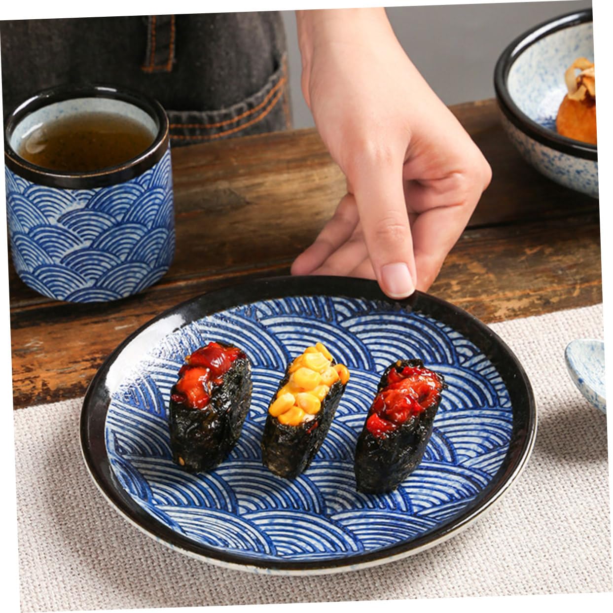 Service Vaisselle Céramique Japonerie à Motif Ondulations, 1 Set 4 Pièces