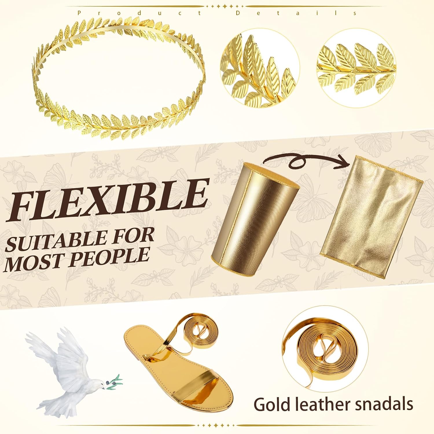 Jadive 7 Pcs Carnival Greek Goddess Costume Accessories Set Toga Gold Sandals Leaf Headpiece Earring for Women