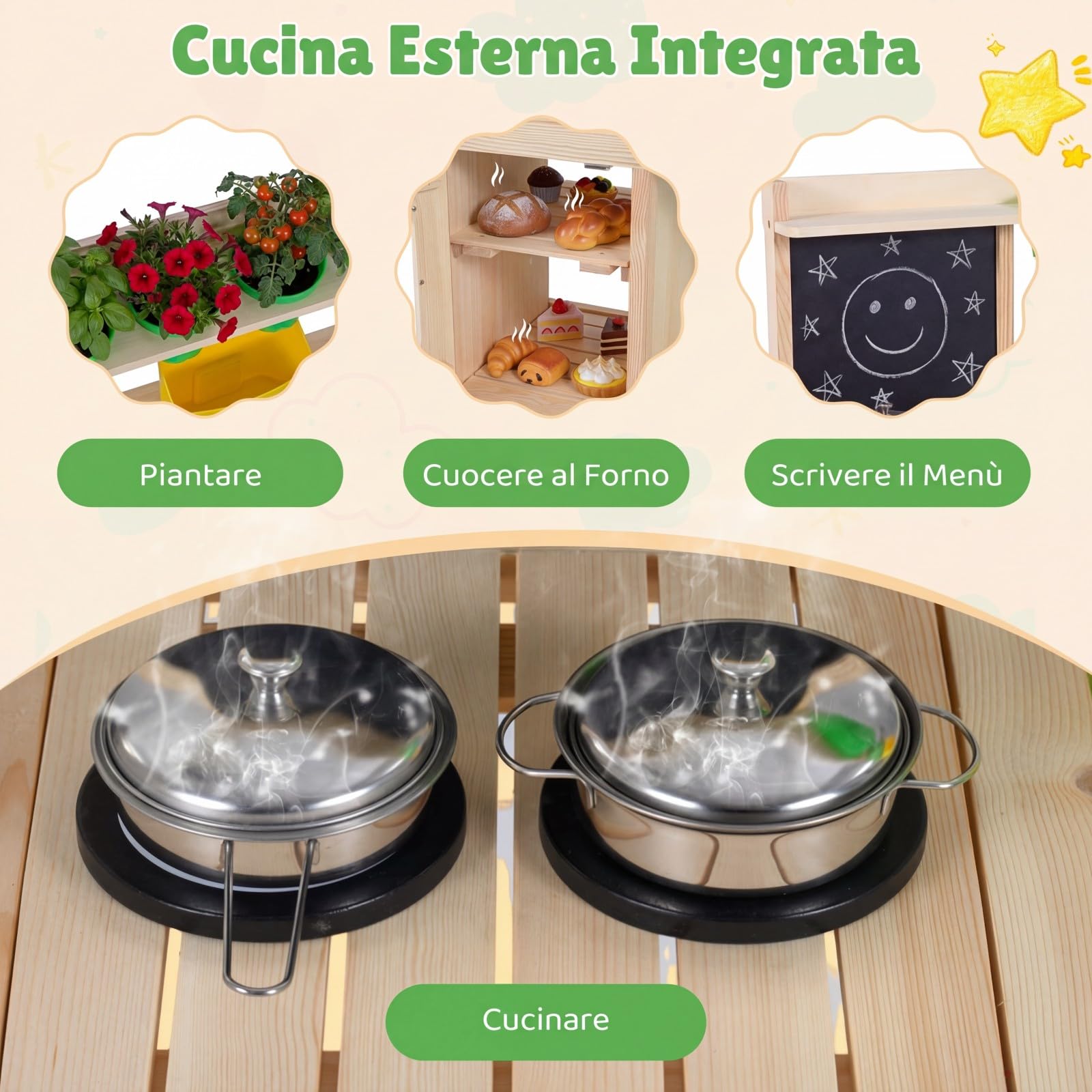 RELAX4LIFE Cucina Giocattolo per Bambini, Set di Cucina in Legno Massiccio con Lavagna, Serbatoio d’Acqua, Lavello Rimovibile, Giocattolo Educativo da Giardino e Balcone per Bambini 3+ Anni