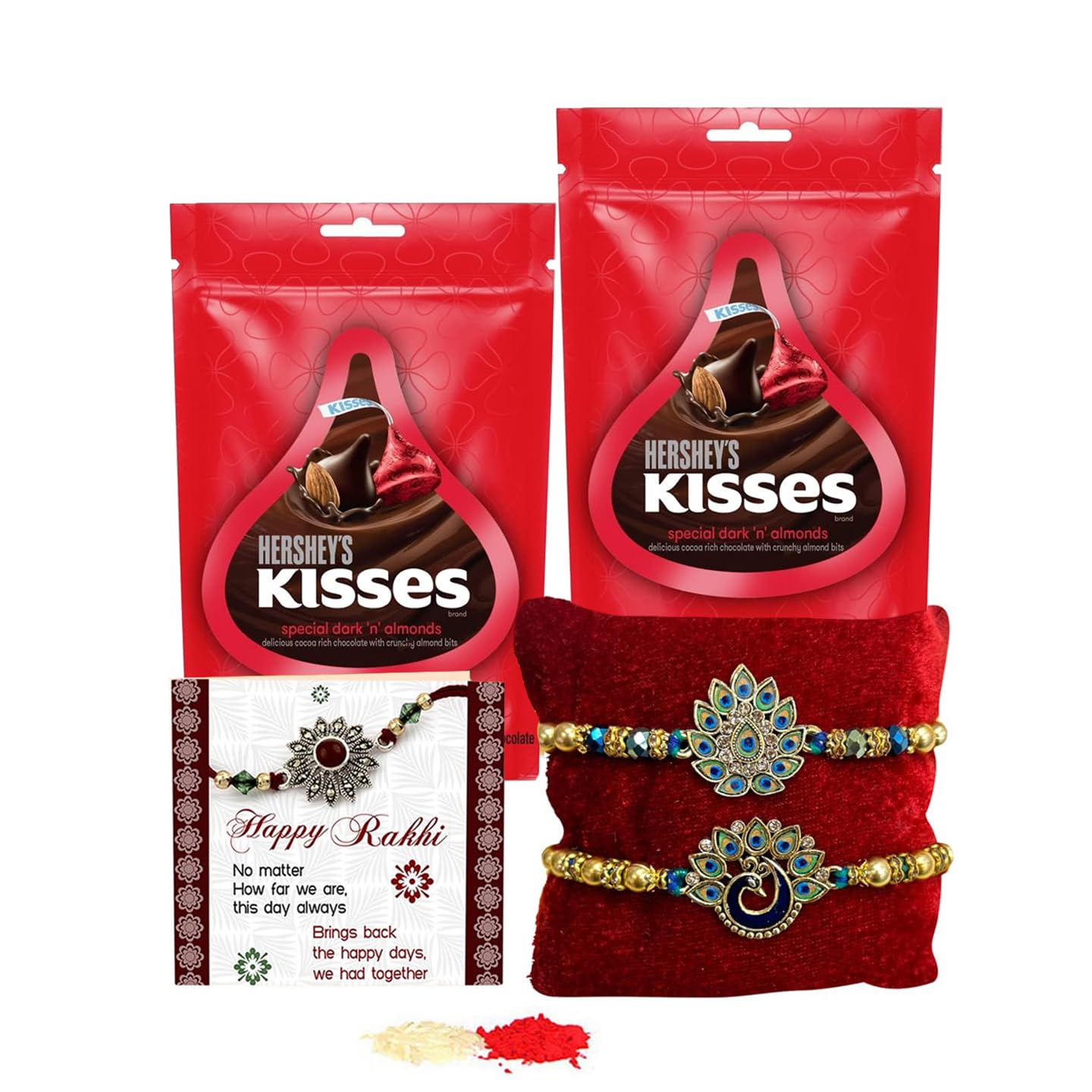 TIED RIBBONS Rakhi for Brother with Chocolate Combo Gift Set - Set of 2 Designer Rakhi for Brother Bhaiya with 2 Hershey's Kisses Chocolates and Roli Chawal, 200 grams-image-14
