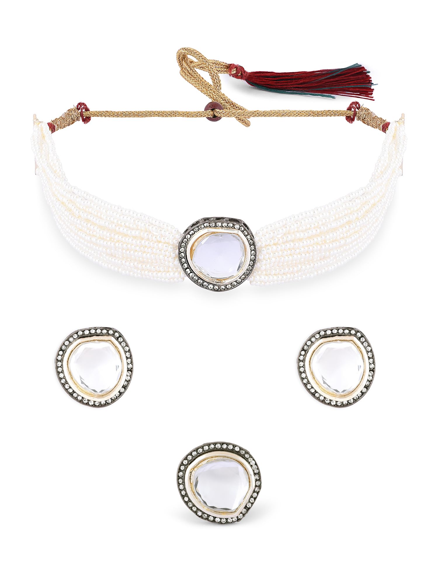 ZAVERI PEARLS Silver Colour Multistrand Choker Necklace Earring & Ring Set For Women -ZPFK16240 (B0CGHRTPGY) Amazon Price History, Amazon Price Tracker