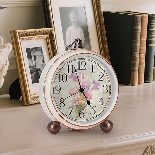Miniatura 2 de Maxspace Reloj despertador vintage de 5.2 pulgadas, silencioso, sin tictac, con tulipanes, reloj analógico y funciona con pilas, con movimiento de