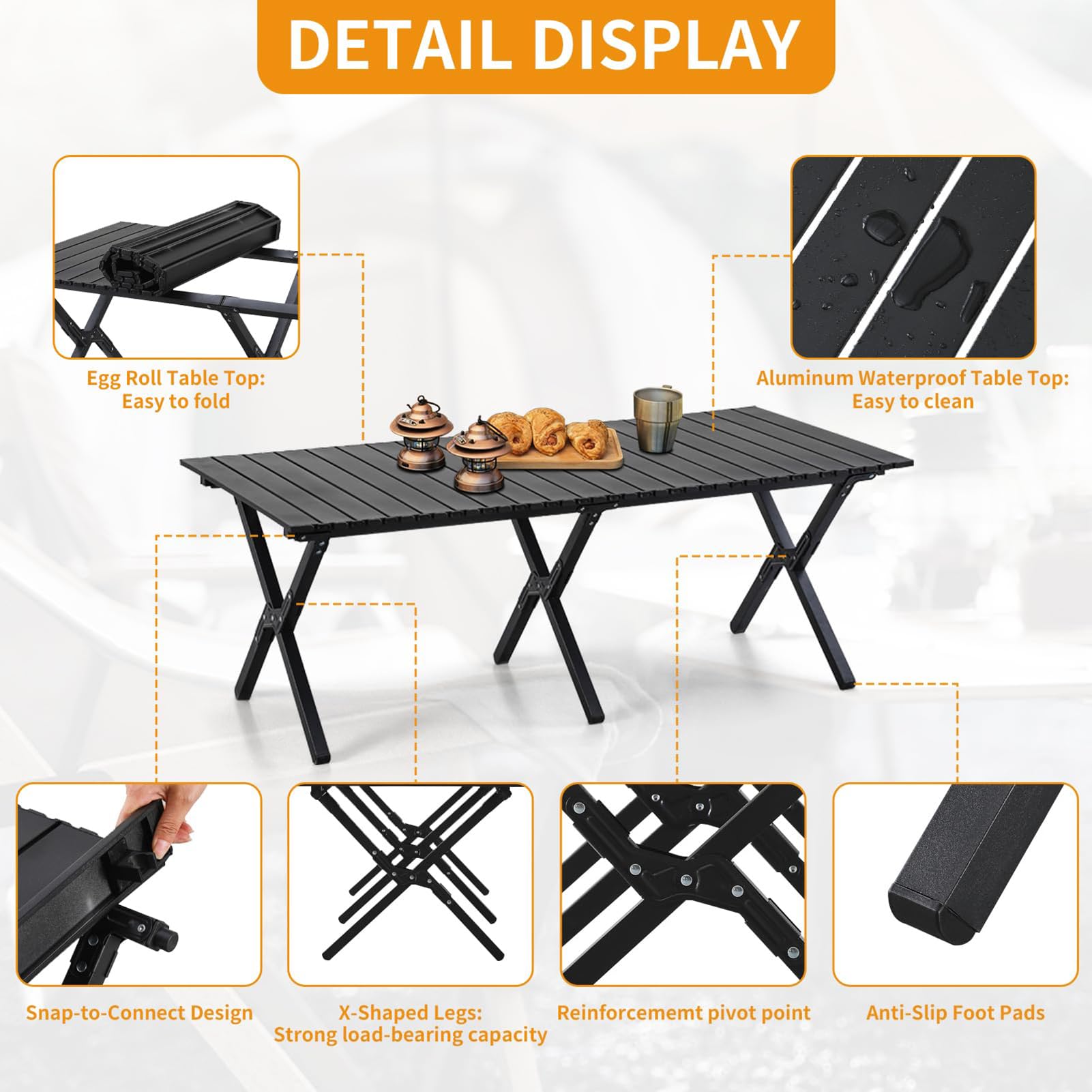 Tavolo da campeggio pieghevole e portatile, ultraleggero, arrotolabile, in alluminio, con custodia, perfetto per picnic, barbecue, giardino, 90 x 60 x 43 cm