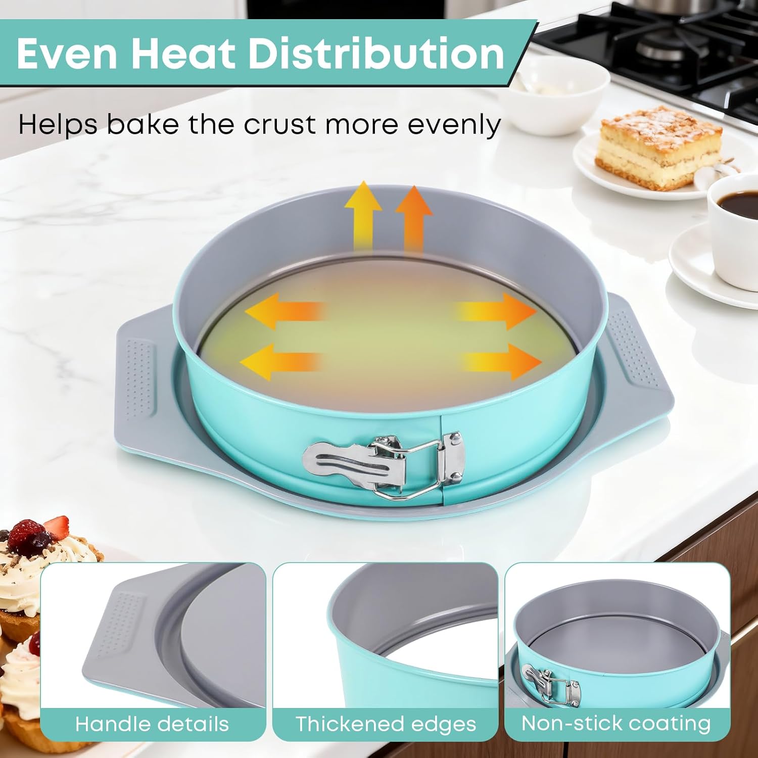 10 Inch Springform Cake Pan, Leakproof Groove & Wide Grip Handles, Aluminized Nonstick Cheesecake Pan with Removable Bottom & Latch, Round Baking Pan for Cheesecake, Mousse, Torte, Quiche - Image 8