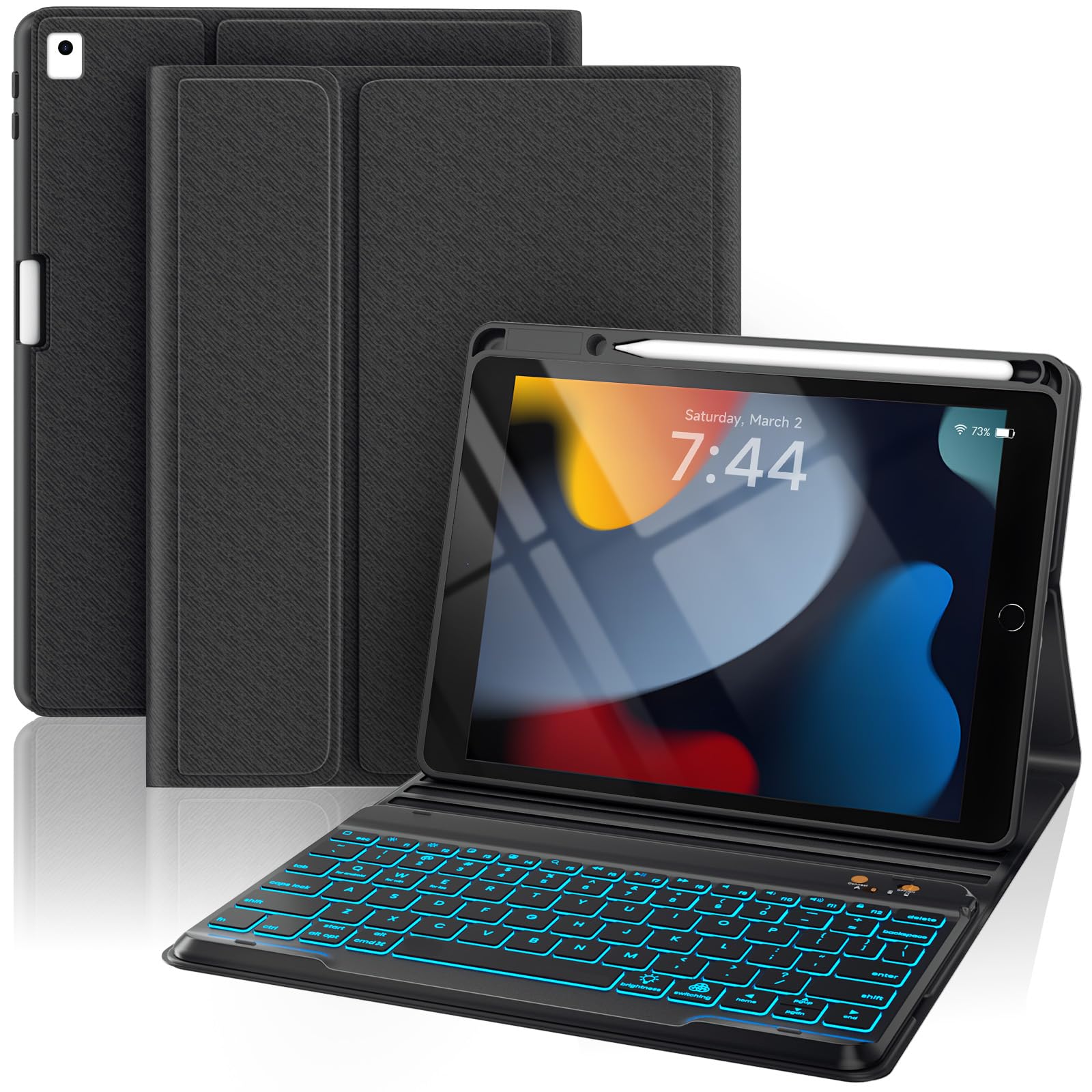 OPAKIT Keyboard Case for iPad 9th Generation-10.2 inch - 7 Colors Backlit Wireless Detachable Folio Keyboard Cover with Upper Pencil Holder for iPad