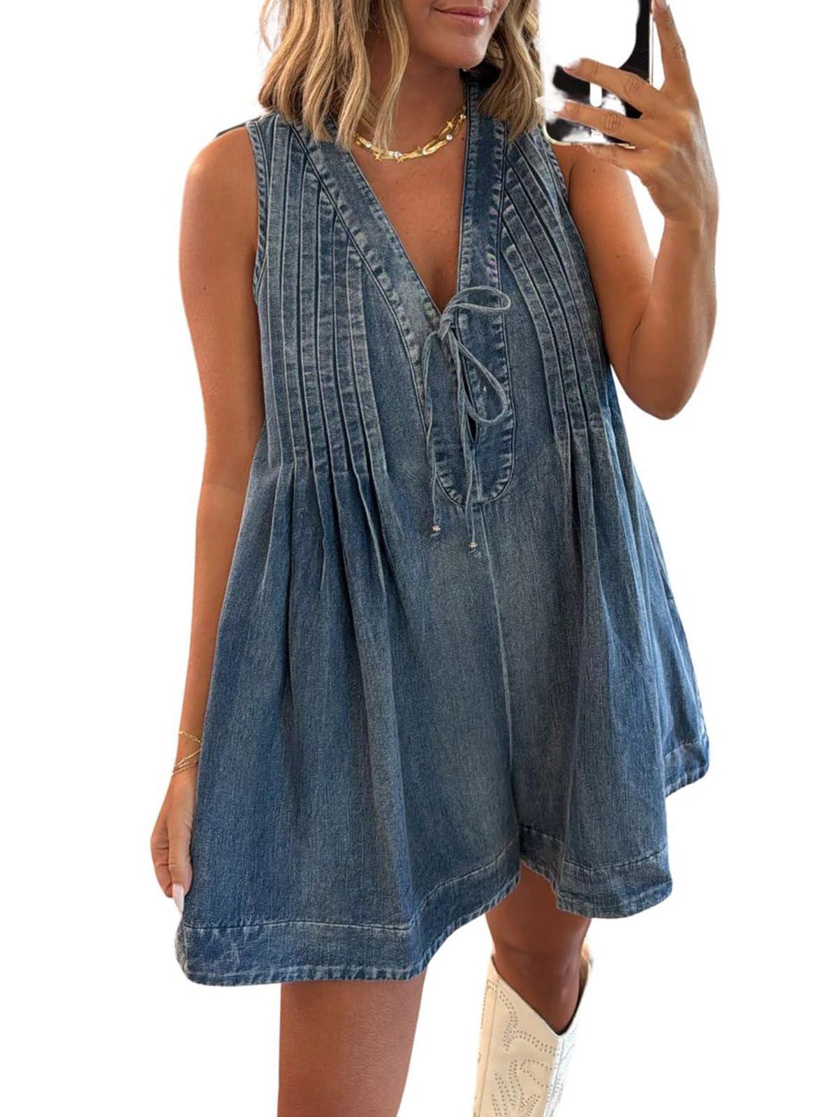 utcoco Womens Summer Casual Sleeveless Denim Romper Tie Front V Neck Jean Overall Shorts Romper With Pockets