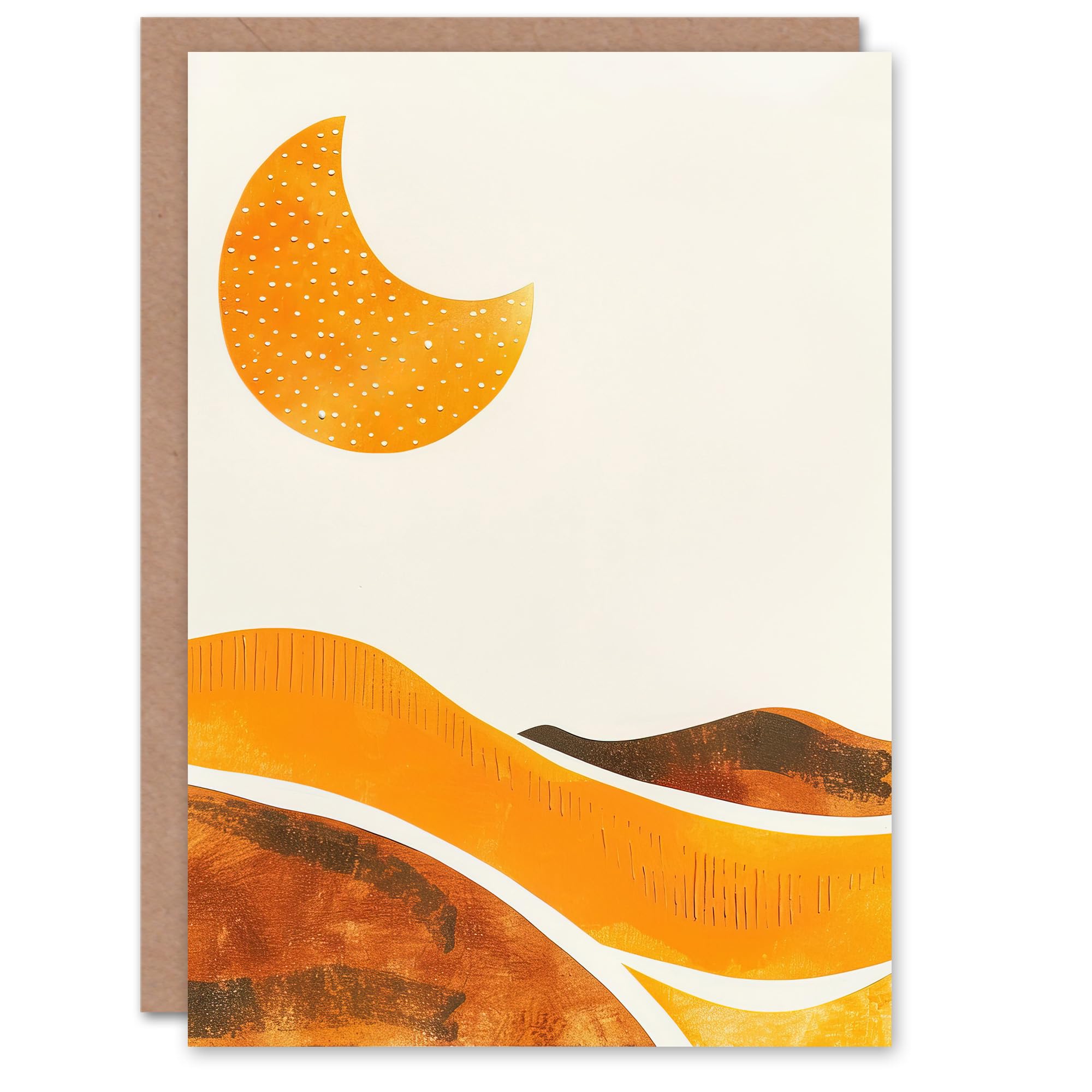 Artery8 Greeting Card Waxing Crescent Moon Abstract Orange Landscape Blank For Him Or Her Art Birthday Card