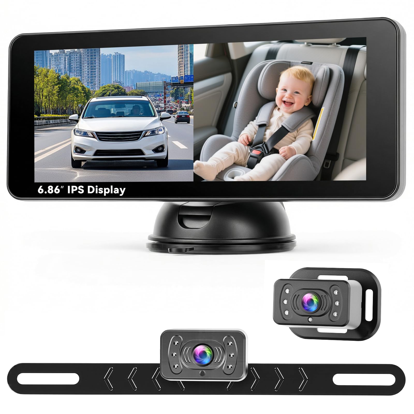 Cámara para niños con IPS Pantalla de 6,86" con cámara de Marcha atrás Visión Nocturna por Infrarrojos Impermeable IP69