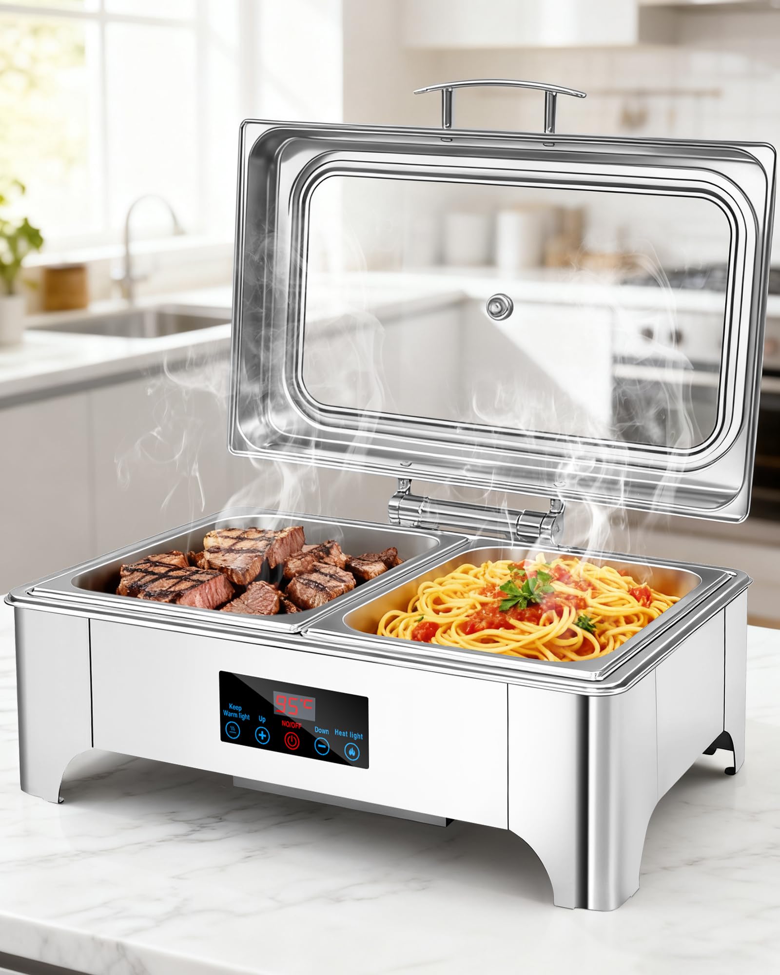 Chafing Dish Buffet Electric, Chauffe Assiette électrique 9L, Chauffage Buffet avec contrôle d'écran Tactile et Couverture de confidentialité en Verre, réchauffeur en Acier Inoxydable